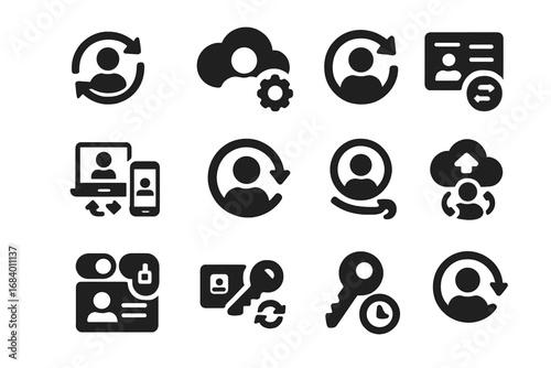 User Profile Sync Icons. Solid style icons of user profile sync: avatar with sync arrows, settings cloud, account data refresh,