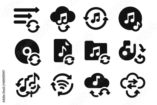 Music Sync Icons. Solid style icons of music and playlist sync: playlist arrows, cloud music sync, song refresh icon, DJ file sync