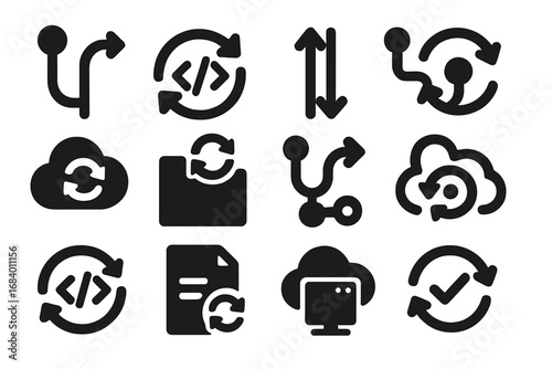 Coding Sync Icons. Solid style icons of coding and dev sync: Git pull icon, code commit sync, version control arrows, CI/CD