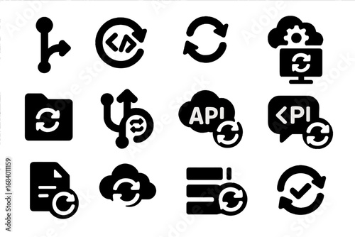 Coding Sync Icons. Solid style icons of coding and dev sync: Git pull icon, code commit sync, version control arrows, CI/CD