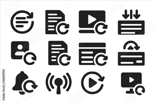 Content Refresh Icons. Solid style icons of content refresh: feed update icon, article reload, media stream refresh, news ticker