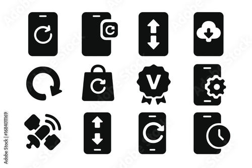 Mobile Update Icons. Solid style icons of mobile updates: phone update symbol, app update notification, mobile OS upgrade, cloud