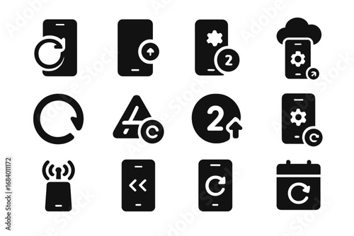 Mobile Update Icons. Solid style icons of mobile updates: phone update symbol, app update notification, mobile OS upgrade, cloud