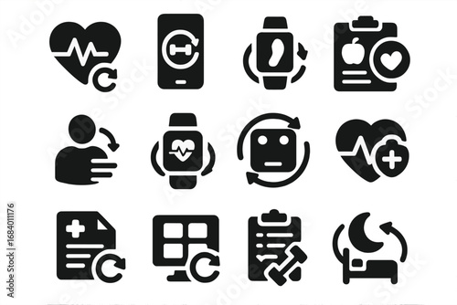 Health Icons Update. Solid style icons of health and wellness updates: health data refresh, fitness app update, step tracker sync,