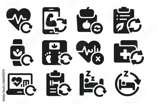 Health Icons Update. Solid style icons of health and wellness updates: health data refresh, fitness app update, step tracker sync,