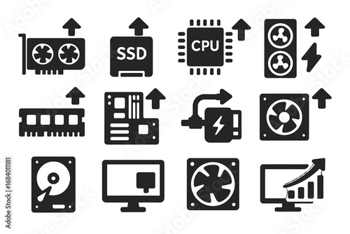 Hardware Upgrade Icons. Solid style icons of hardware upgrades: graphics card upgrade, SSD icon with arrow, CPU enhancement icon,