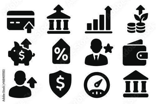 Financial Icon Enhancements. Solid style icons of financial account upgrades: credit card level-up, banking tier upgrade, limit