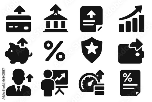 Financial Icon Enhancements. Solid style icons of financial account upgrades: credit card level-up, banking tier upgrade, limit