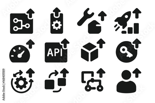 API Upgrade Icons. Solid style icons of API and development upgrades: endpoint version upgrade, SDK update icon, dev tool