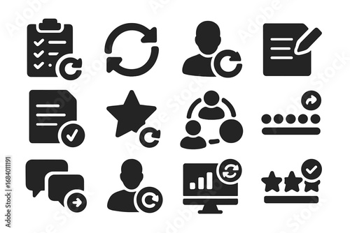 User Feedback Icons. Solid style icons of user feedback and form updates: survey form refresh, feedback loop icon, user response