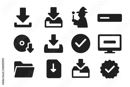 Software Installation Icons. Solid style icons of software installation: install arrow icon, software box with download, setup