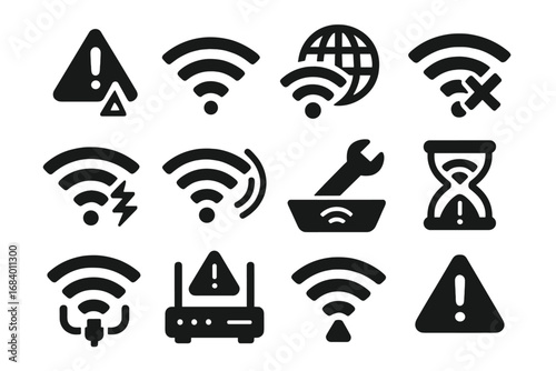 Wi-Fi Signal Troubles. Solid style icons of Wi-Fi issues and troubleshooting: Wi-Fi error triangle, dropped signal icon, no