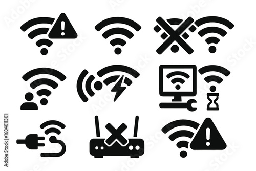 Wi-Fi Signal Troubles. Solid style icons of Wi-Fi issues and troubleshooting: Wi-Fi error triangle, dropped signal icon, no