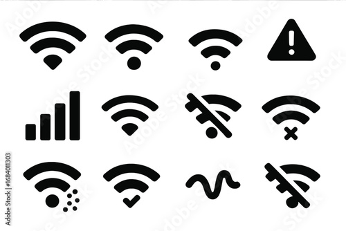 Wi-Fi Signal Icons. Solid style icons of Wi-Fi signals: full Wi-Fi bars, medium signal icon, low Wi-Fi symbol, no signal icon,