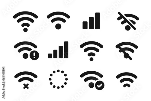 Wi-Fi Signal Icons. Solid style icons of Wi-Fi signals: full Wi-Fi bars, medium signal icon, low Wi-Fi symbol, no signal icon,