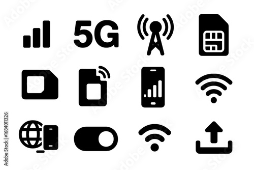 Mobile Network Icons. Solid style icons of mobile networks: 4G LTE signal, 5G symbol icon, mobile tower signal, SIM card with