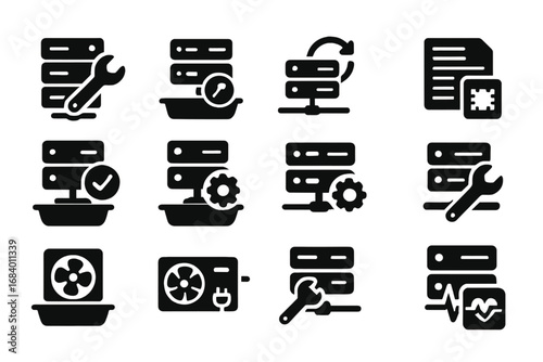 Server Maintenance Icons. Solid style icons of server maintenance: wrench on server icon, repair tray, firmware update symbol, log