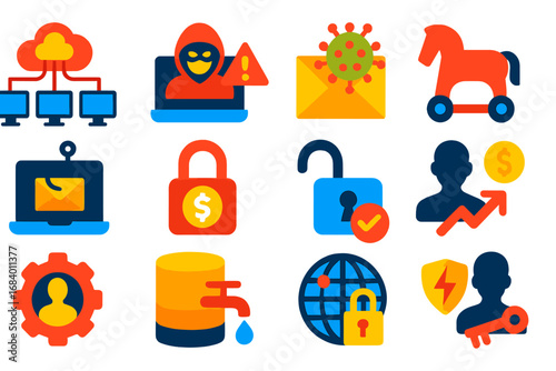 Network Security Icons. Flat vector icons of Network Security Threats: DDoS attack, spoofing alert, virus spread, phishing email,