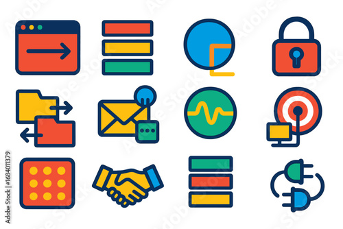 Network Protocol Icons. Flat vector icons of Network Protocols: HTTP request, TCP/IP layers, DNS query, SSL encryption, FTP