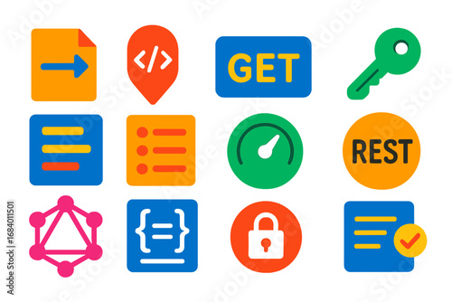 Modern API Icons. Flat vector icons of Web APIs: fetch request, endpoint route, HTTP method, API key, response data, request
