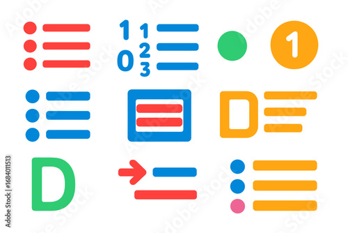Modern List Icons. Flat vector icons of HTML List Elements: unordered list, ordered list, list item, bullet point, number marker,