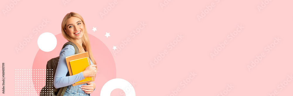 Fototapeta premium A student stands confidently against a pink background, holding a stack of notebooks. This contemporary setting highlights a focus on education and learning, embodying the spirit of modern schooling.