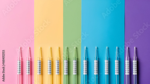 Top view of medical syringes on colorful background with copy space. Injection equipment concept