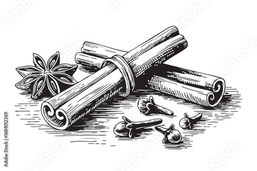 Hand-drawn vintage engraving of cinnamon sticks, star anise, and cloves. Botanical spice illustration