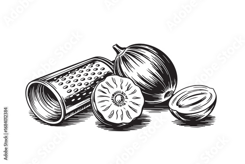 Vintage engraving of whole and cut nutmeg with grater in detailed black and white line art