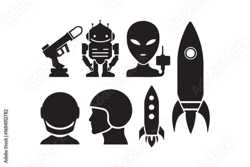 Collection of sci fi icons including robots aliens rockets and futuristic weapons