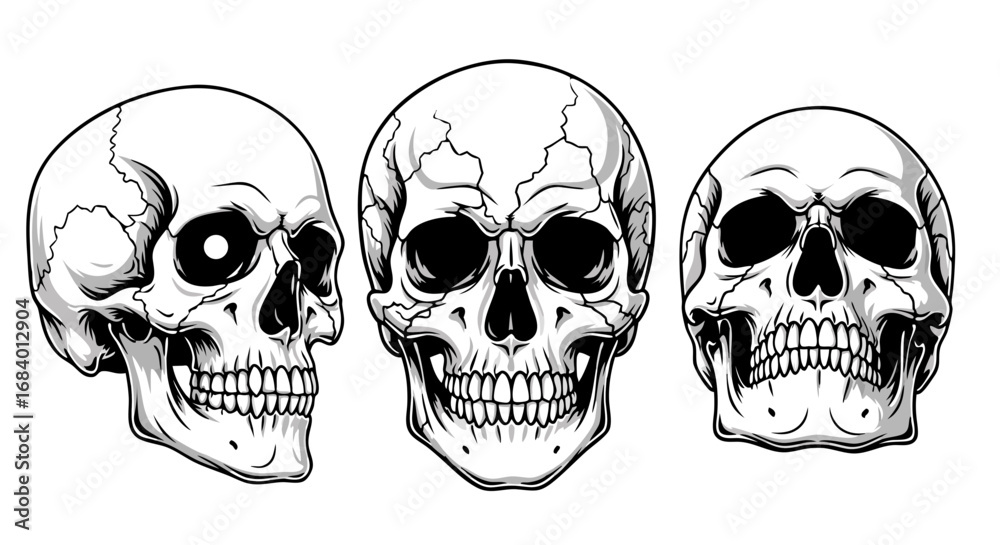 Obraz premium Vector SVG Illustration of Three Cracked Skull Icons in Gothic Style with Monochrome Black and White Colors for Dark Themed Design
