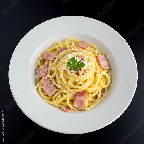A mouthwatering plate of classic pasta carbonara, presented with fresh ingredients and culinary artistry.