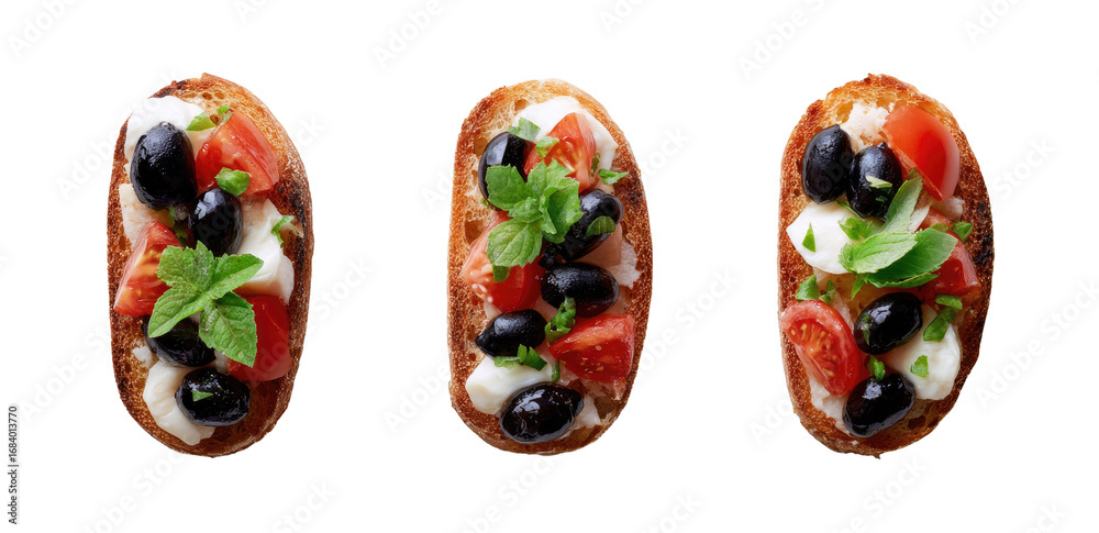 Fototapeta premium Three Bruschetta topped with mozzarella, tomatoes, olives, and fresh herbs