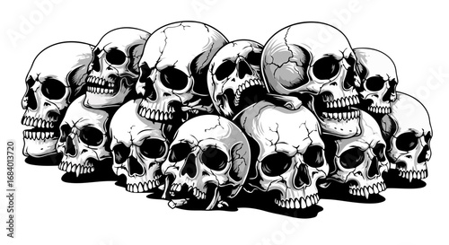 Vector Dark Gothic SVG Illustration of Multiple Skulls in Black and White Flat Style for Horror Design