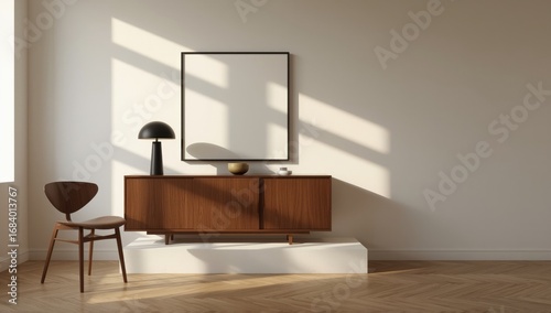 Minimalist mid century modern living room corner featuring wooden cabinet and chair bathed in warm sunlight