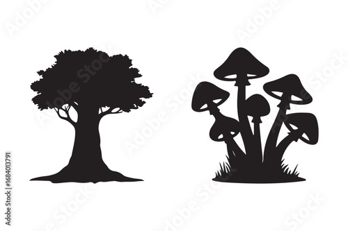 Black silhouette of a tree and a cluster of mushrooms