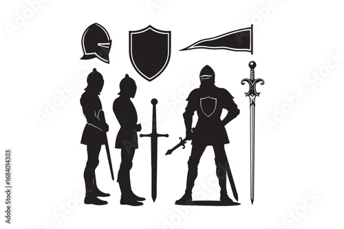 Silhouette collection of medieval knights armor weapons and banner