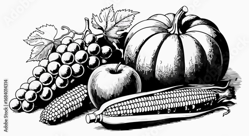 Vector Black and White SVG Illustration of Harvested Vegetables and Fruits in Minimalist Flat Style for Food Packaging and Culinary Branding