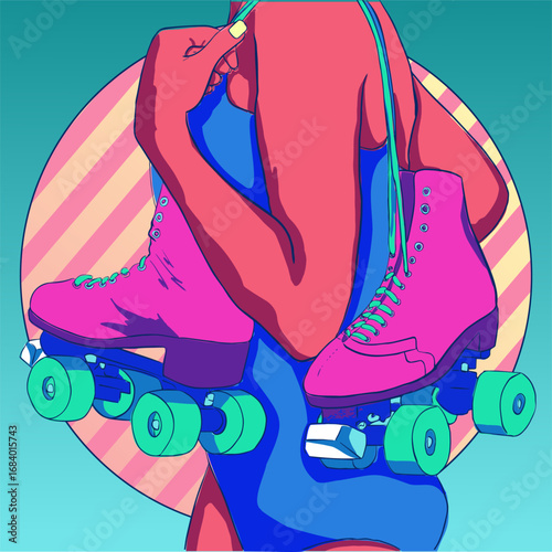 Roller skates on the girl's shoulder. Vector illustration. Color illustration.