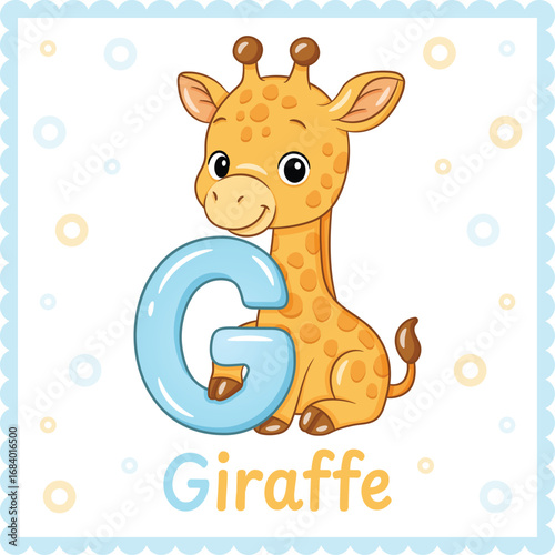 Letter G with Giraffe Cute Educational Alphabet Flashcard for Kids