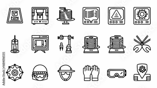 Collection of modern 3D printing icons showcasing technology, innovation, and manufacturing elements for design and engineering projects