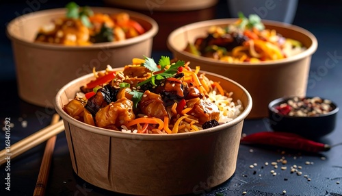 Three take-out food bowls with various ingredients. Chopsticks and spices on a dark surface