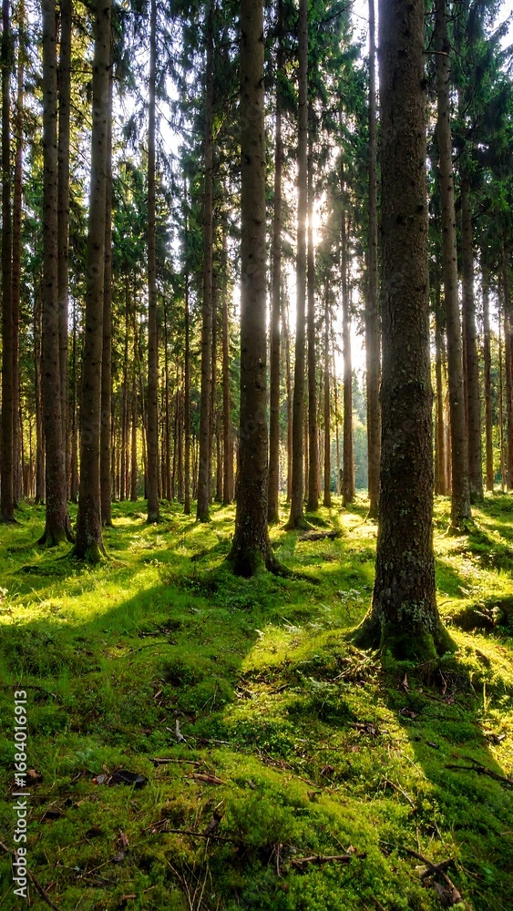 Obraz premium Sunlight filters through a dense forest