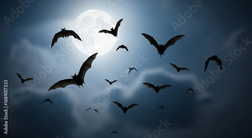 Fototapeta Naklejka Na Ścianę i Meble -  Silhouette of bats flying against a night sky with a full moon, creating a spooky Halloween atmosphere, perfect for themed designs or backgrounds
