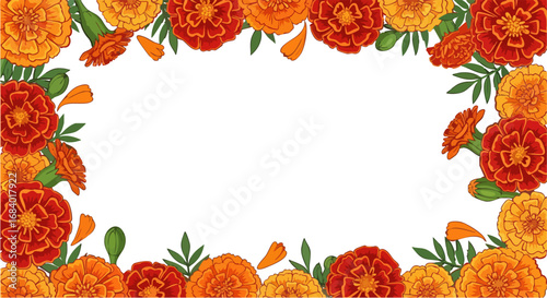 Festive Day of the Dead floral frame with vibrant marigolds and greenery surrounding blank space.