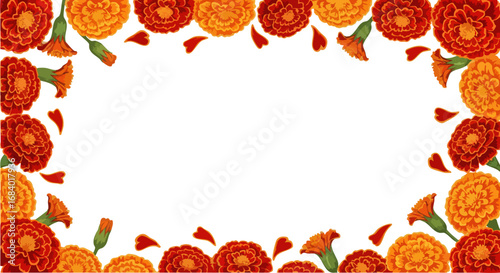 Colorful marigold flower frame for Day of the Dead celebration and decorations, featuring vibrant orange and yellow marigolds surrounding a blank space.