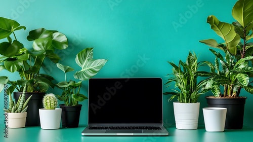 Modern Workspace Setup Green Plants Laptop Mockup