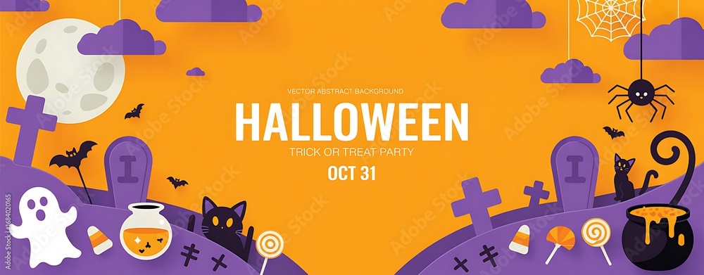 Naklejka premium Happy halloween celebration with spooky ghost black cat pumpkin and moon on orange background illustration