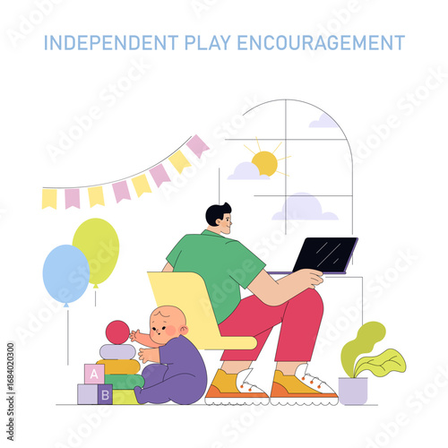 Parent Working on Laptop While Child Plays Independently