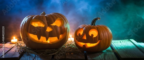 Two spooky carved pumpkins lit from within sit on wooden planks with atmospheric blue and green lighting illustration